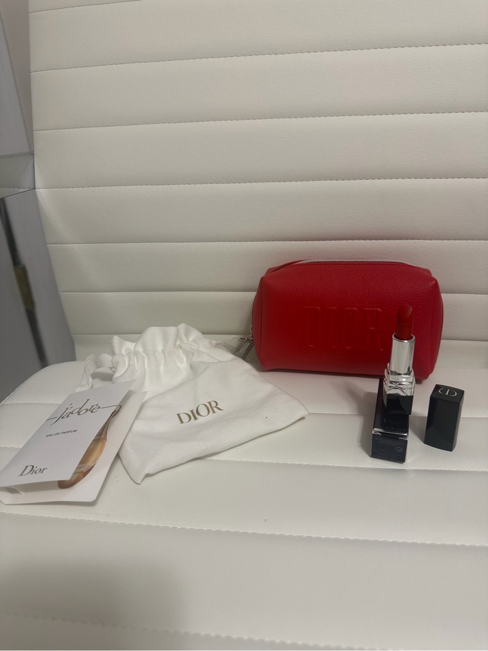 Dior Red Leather Cosmetic Pouch with Red Lipstick TRAVEL SIZE LIPSTICK